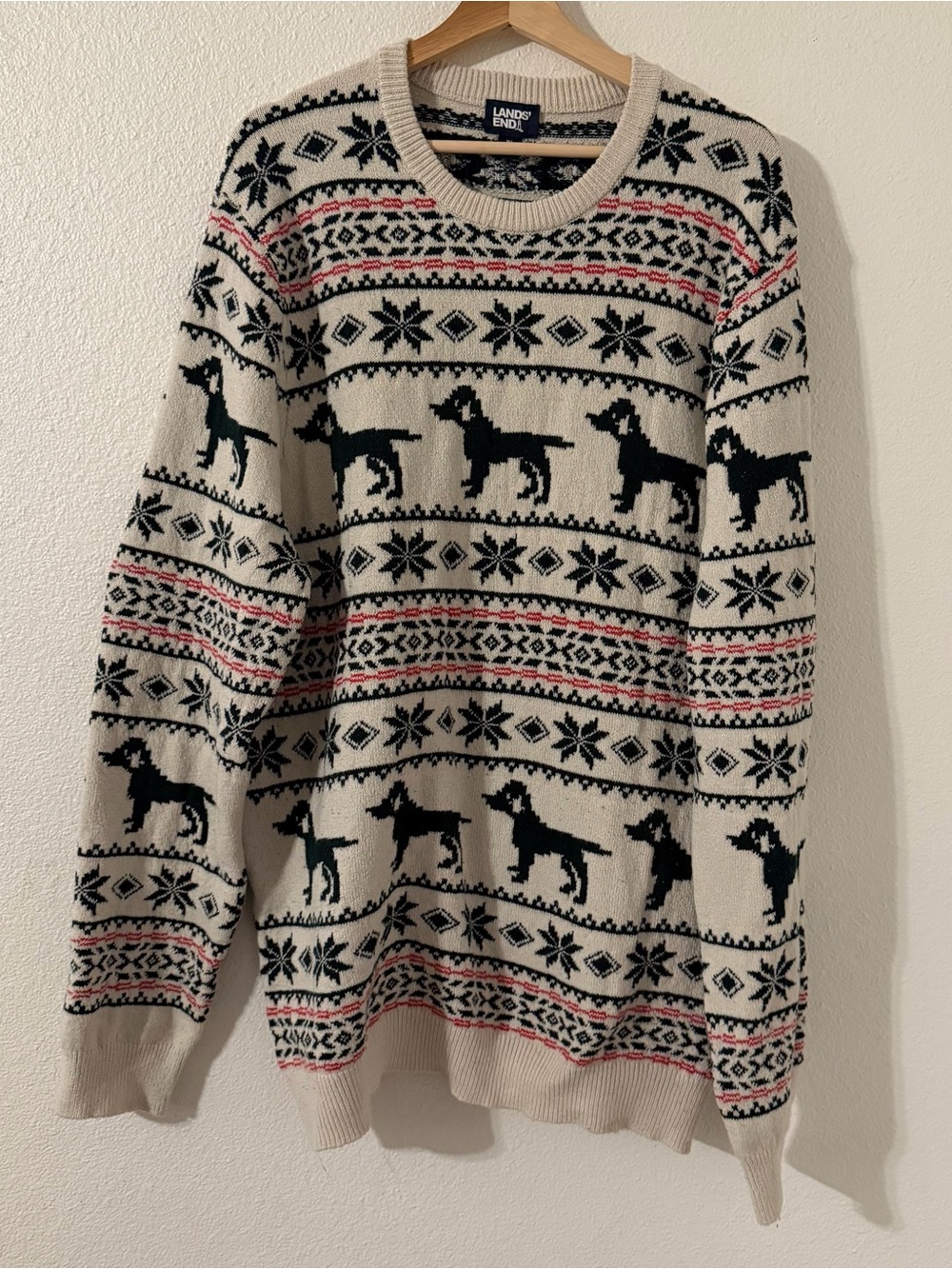 Lands End Sweater Adult XL Multicolor Fair Isle Knit Crewneck Geometric Dog